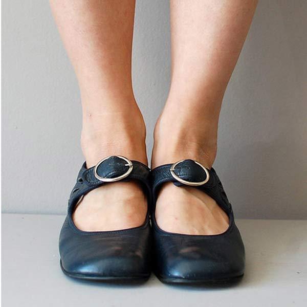 Navy Mary Jane shoes with adjustable buckle strap, rear and toe view