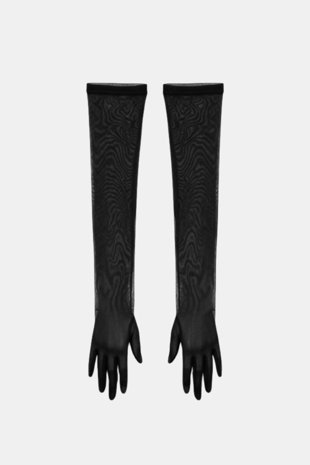 Black sheer patterned gloves, long elbow-length style with open tops and ties