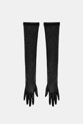 Black sheer patterned gloves, long elbow-length style with open tops and ties