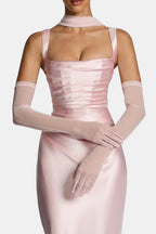 Blush sheer elbow-length gloves with gathered cuff bands