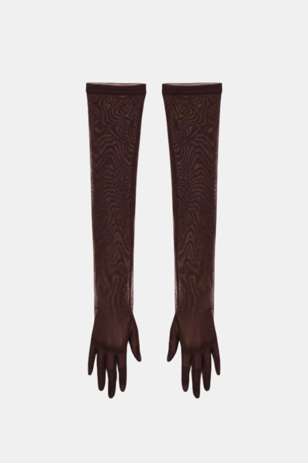 Sheer mesh elbow-length gloves in chocolate brown with patterned stretch and fringed fingertips.