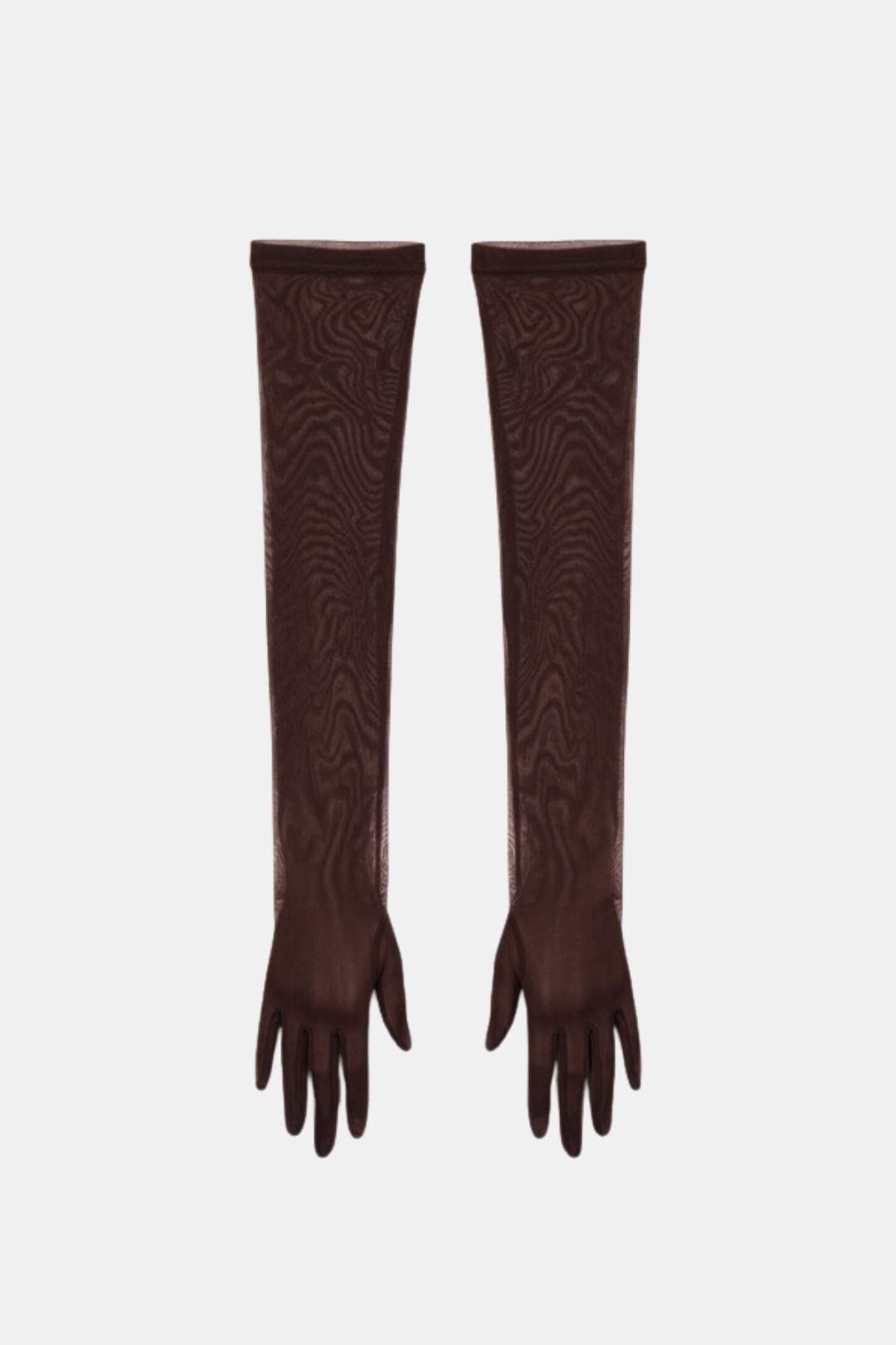 Sheer mesh elbow-length gloves in chocolate brown with patterned stretch and fringed fingertips.