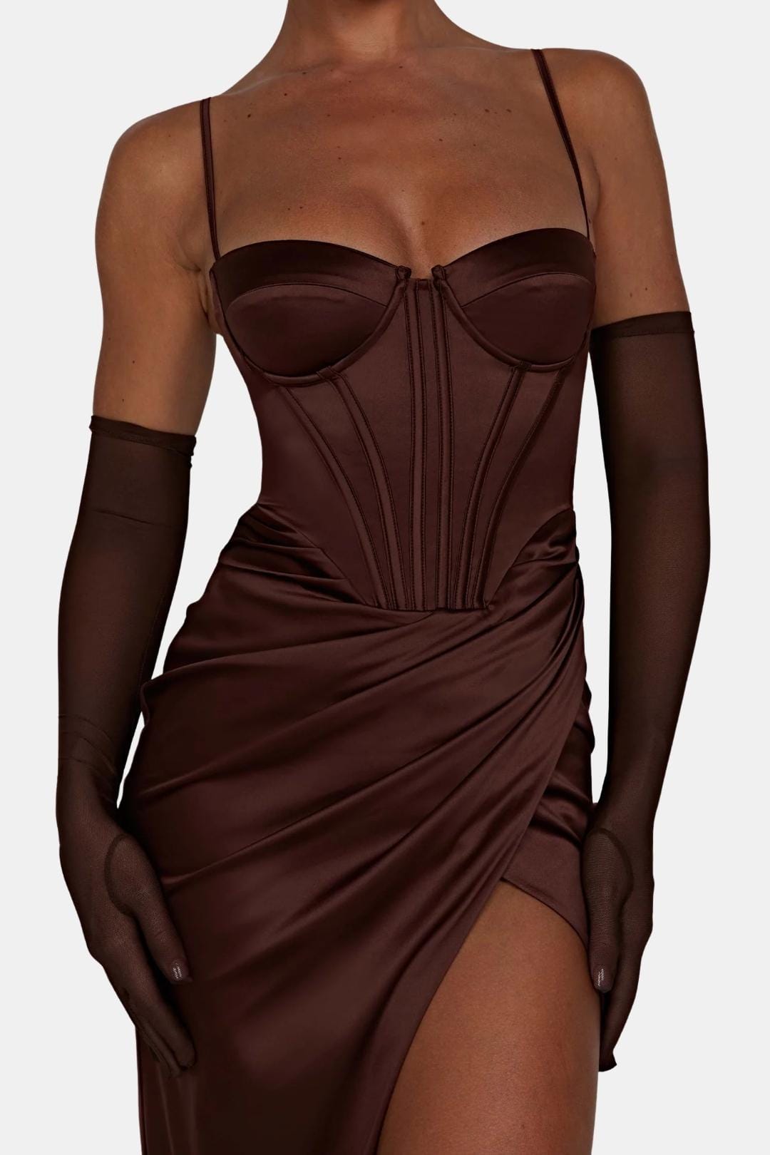 Chocolate brown sheer elbow-length gloves with banded cuffs