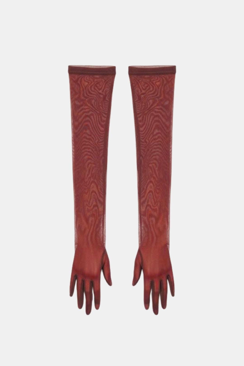 Sheer mesh elbow-length gloves in rust red with patterned stretch and fringed fingertips.