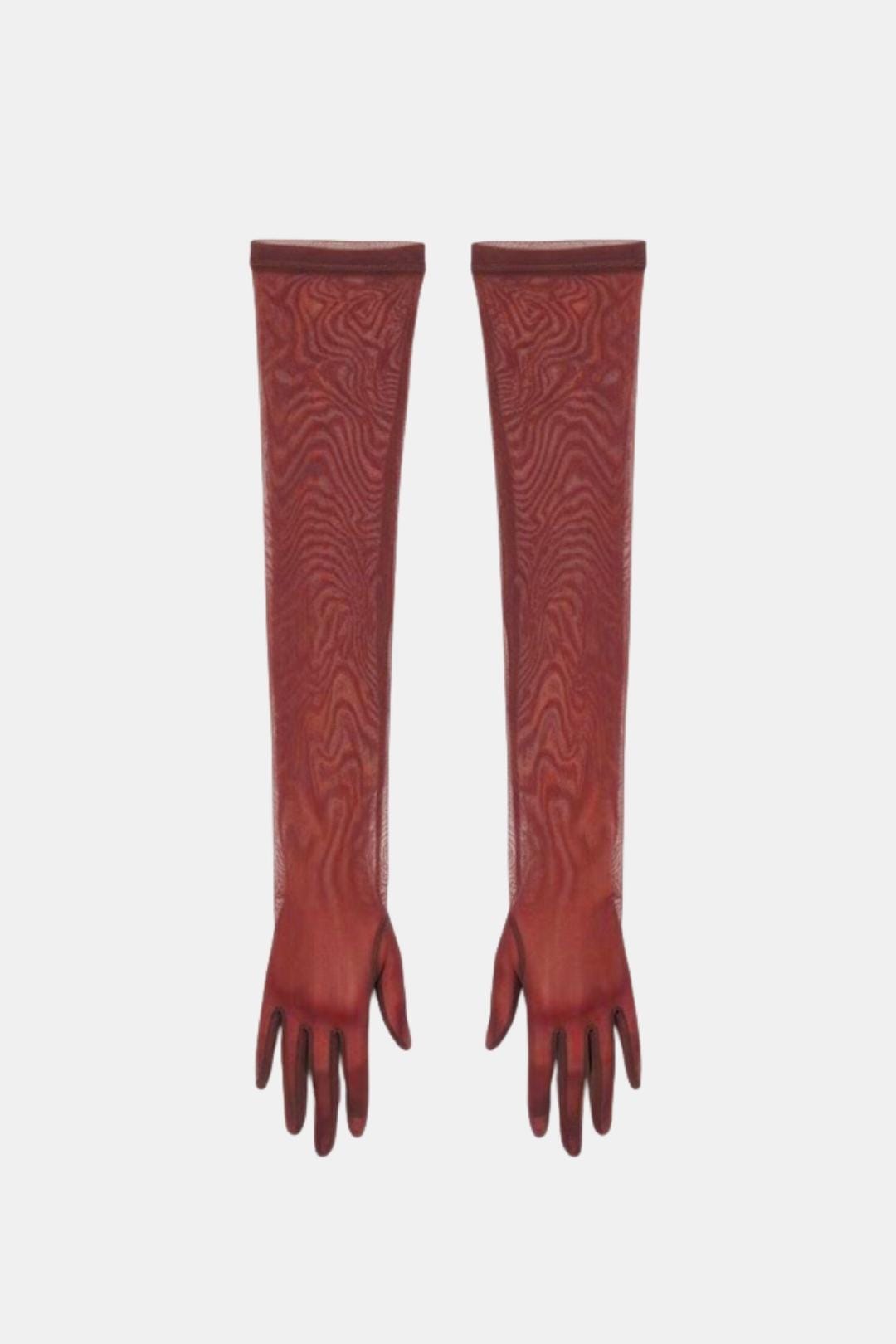 Sheer mesh elbow-length gloves in rust red with patterned stretch and fringed fingertips.