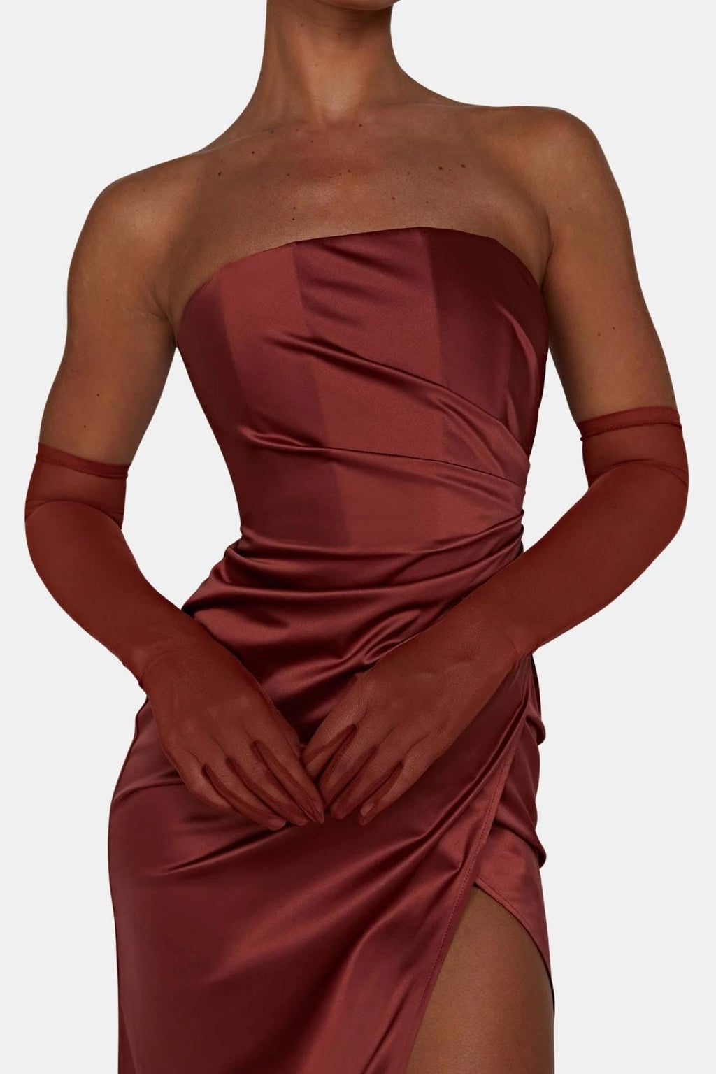 Wine red sheer elbow-length gloves with slim band cuffs
