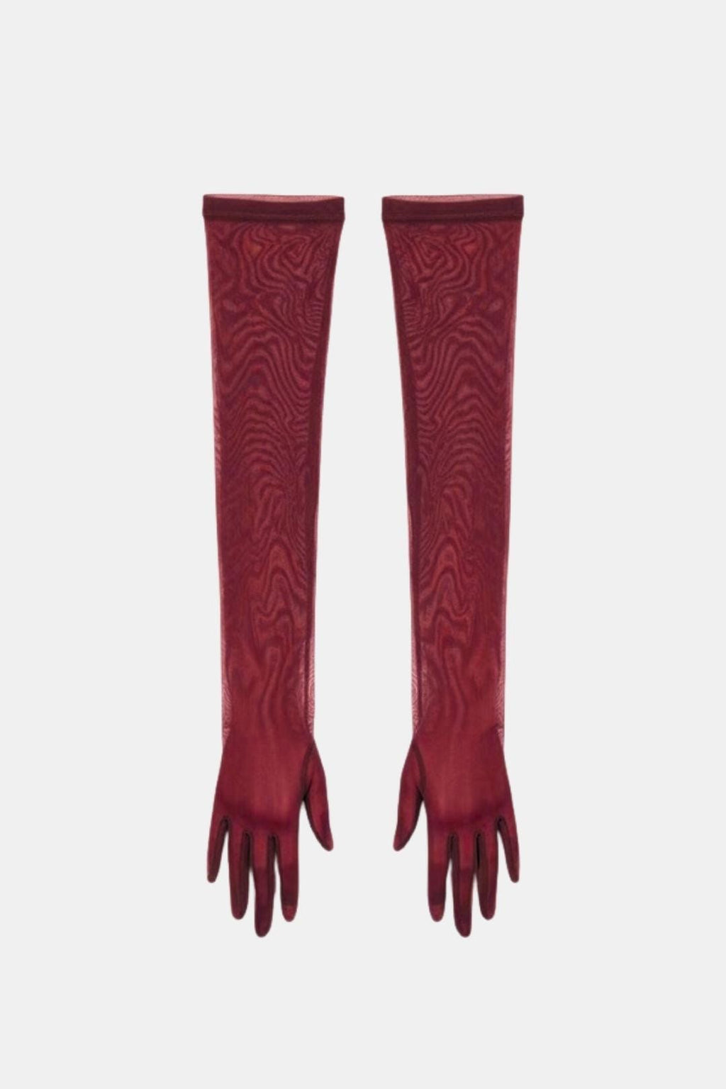 Sheer mesh elbow-length gloves in deep burgundy with patterned stretch and fringed fingertips.