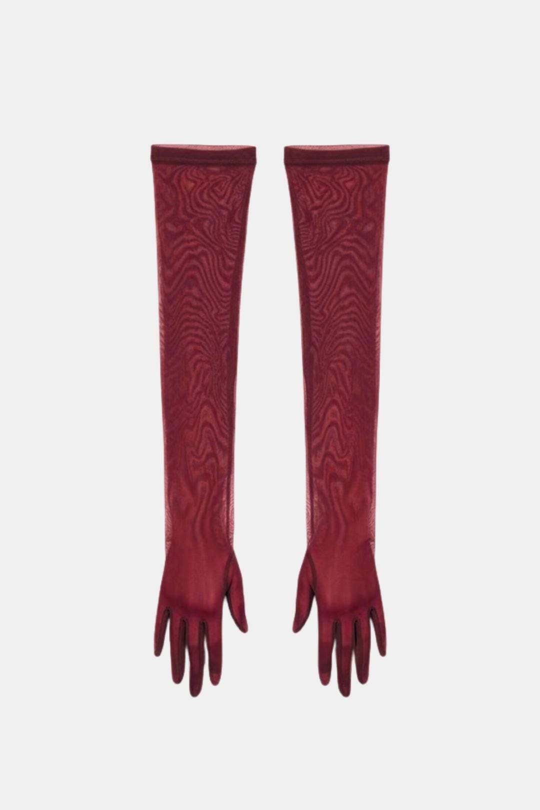 Sheer mesh elbow-length gloves in deep burgundy with patterned stretch and fringed fingertips.