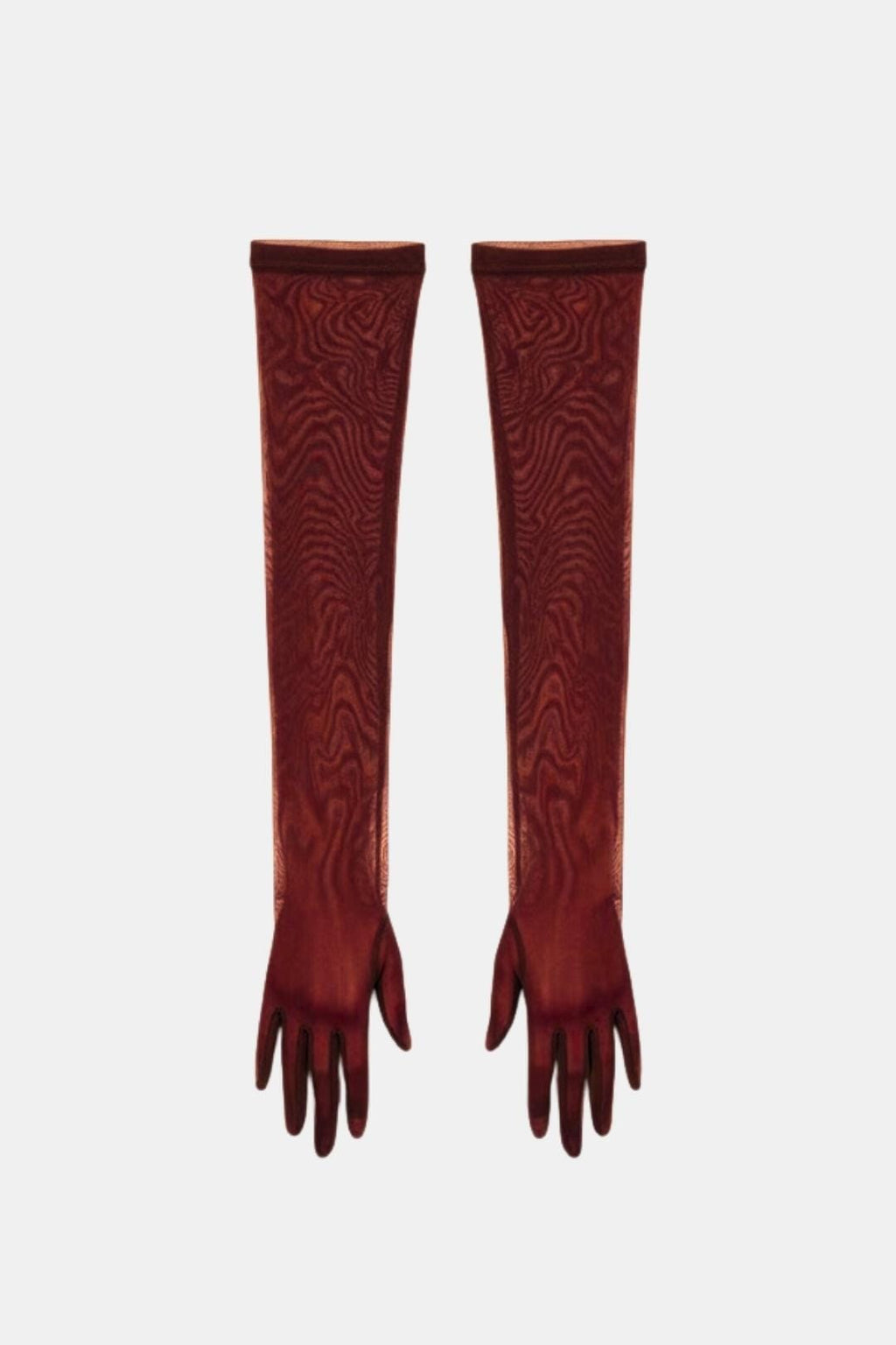 Sheer mesh elbow-length gloves in wine red with patterned stretch and fringed fingertips.