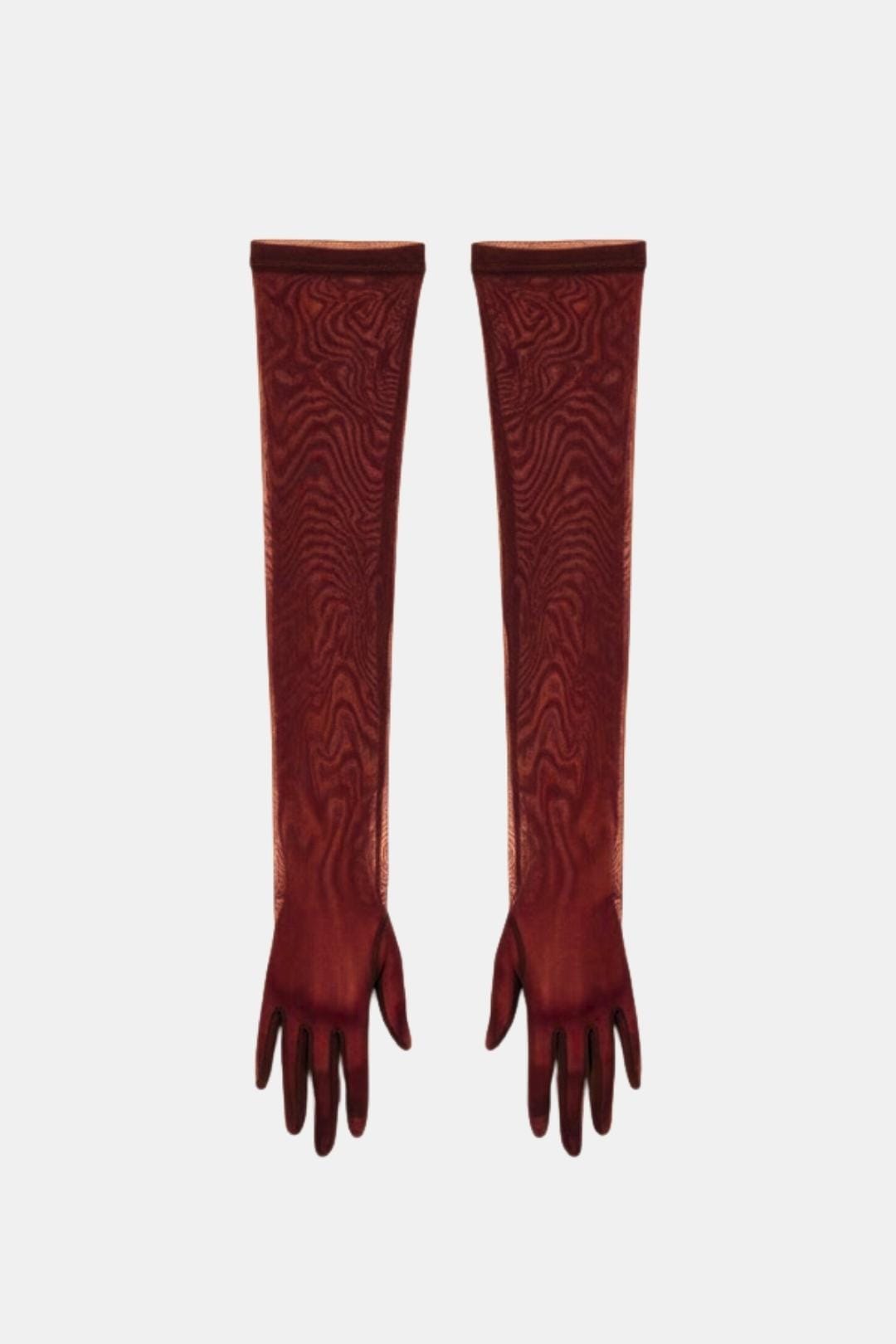 Sheer mesh elbow-length gloves in wine red with patterned stretch and fringed fingertips.