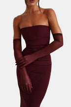 Burgundy sheer elbow-length gloves with slim band cuffs