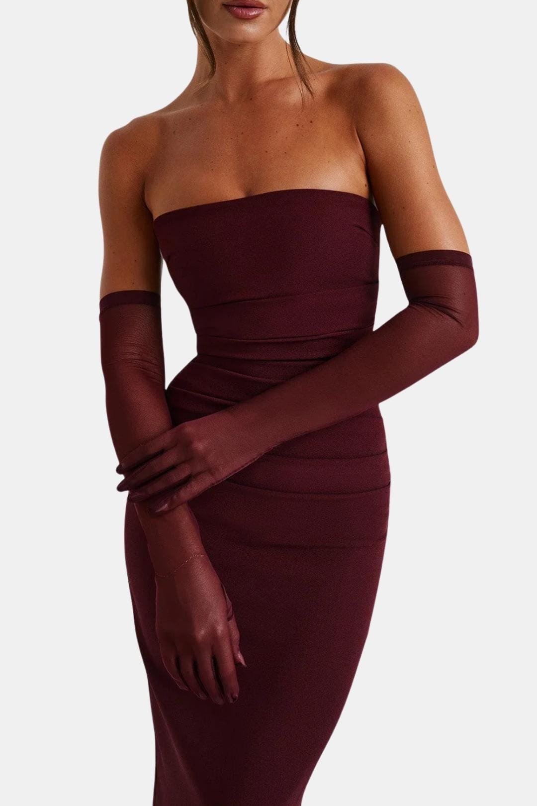 Burgundy sheer elbow-length gloves with slim band cuffs