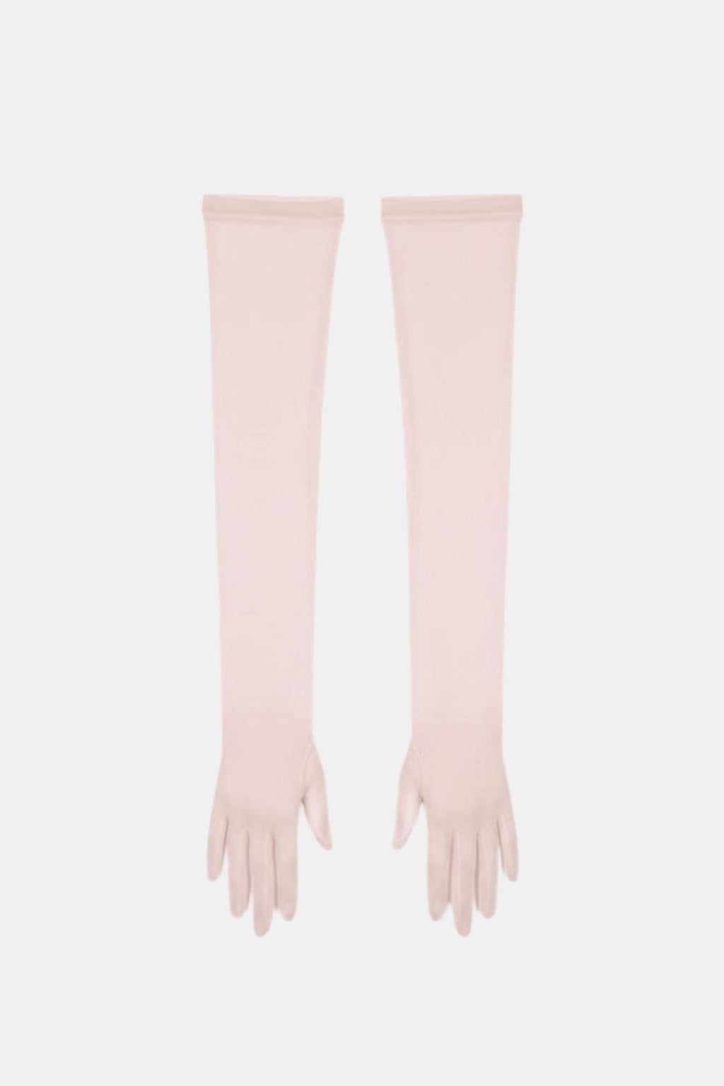 Sheer mesh elbow-length gloves in light blush pink with patterned texture and fringed fingertips.