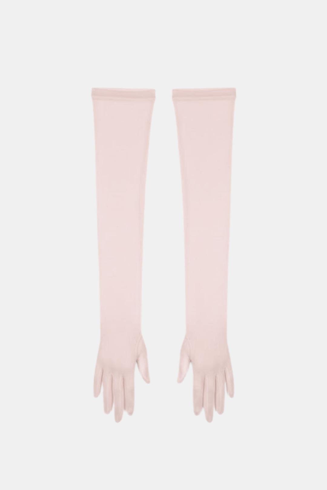 Sheer mesh elbow-length gloves in light blush pink with patterned texture and fringed fingertips.