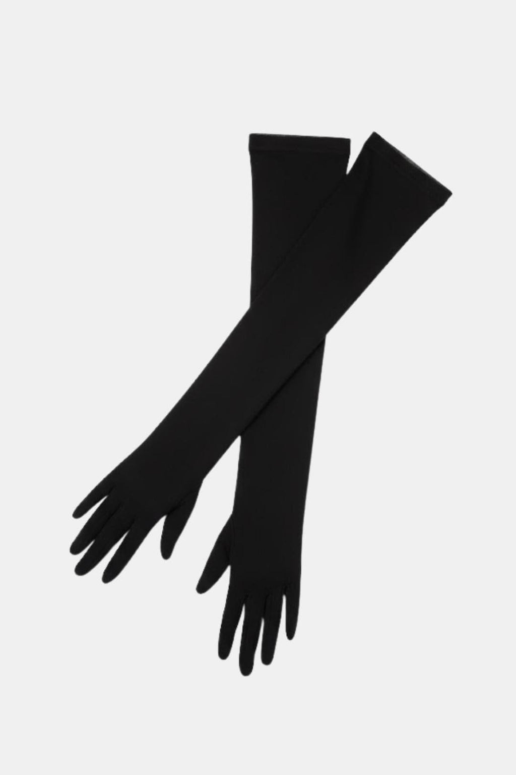 Black sheer elbow-length glove pair with long tapered fingers