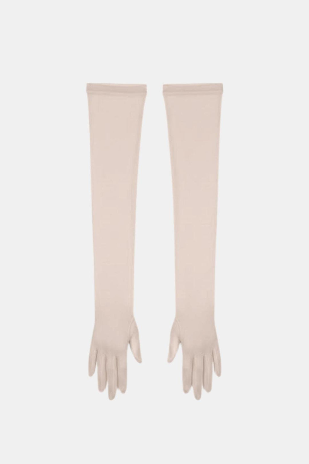 Sheer mesh elbow-length gloves in ivory with patterned texture and fringed fingertips.