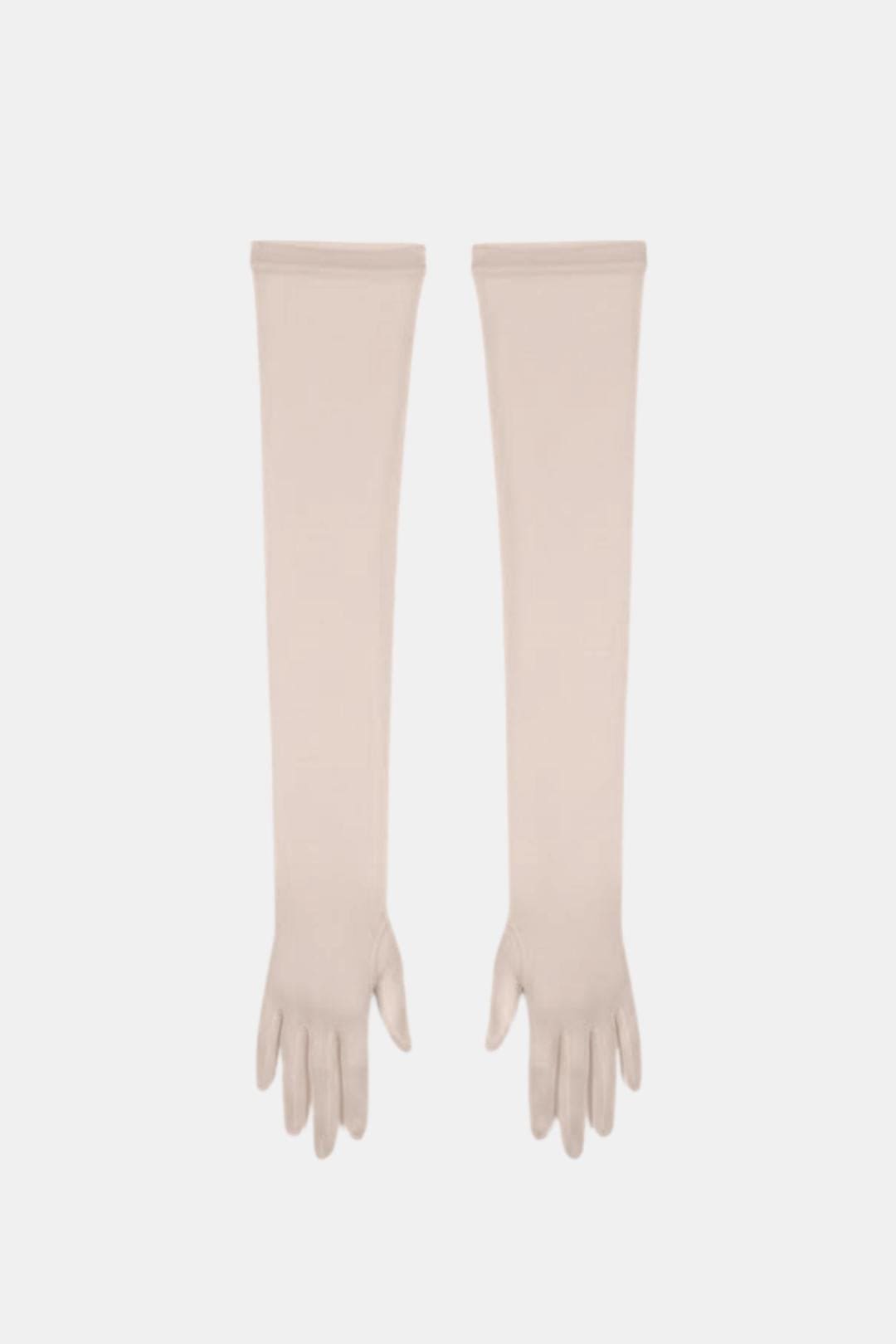 Sheer mesh elbow-length gloves in ivory with patterned texture and fringed fingertips.