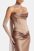 Sheer mesh elbow-length gloves, taupe brown, pull-on style with smooth cuffs