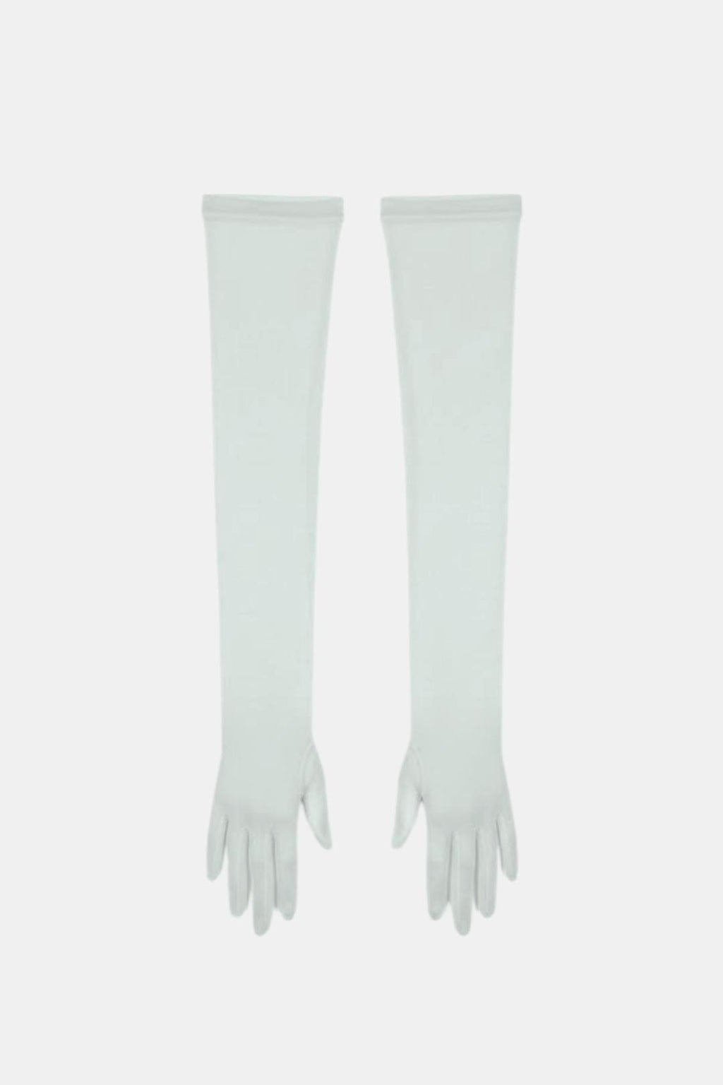 Sheer mesh elbow-length gloves in mint green with patterned texture and fringed fingertips.