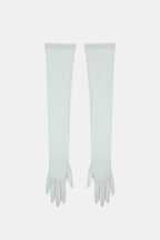 Sheer mesh elbow-length gloves in mint green with patterned texture and fringed fingertips.