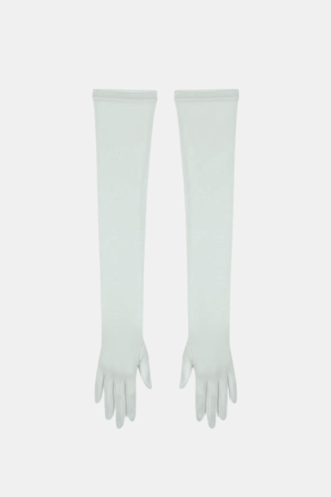 Sheer mesh elbow-length gloves in mint green with patterned texture and fringed fingertips.