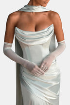 Sheer mesh elbow-length gloves, pale blue, with a fitted pull-on cuff