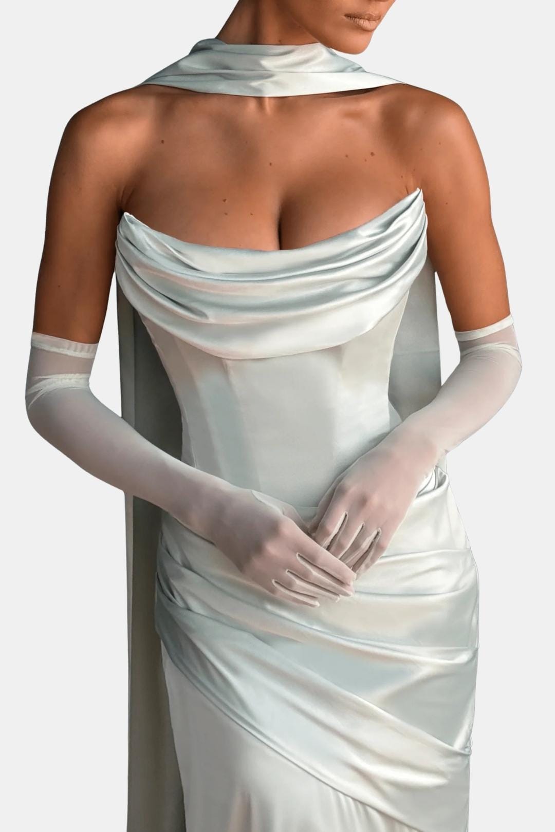 Sheer mesh elbow-length gloves, pale blue, with a fitted pull-on cuff