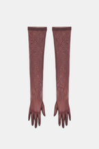 Sheer mesh elbow-length gloves, burgundy patterned texture, open fingers