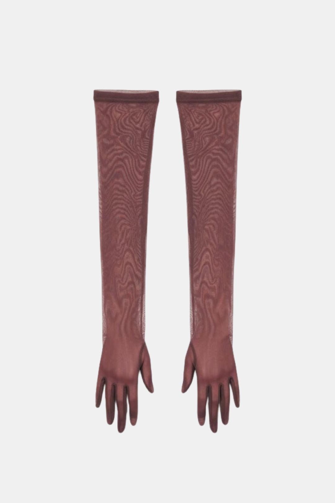 Sheer mesh elbow-length gloves, burgundy patterned texture, open fingers