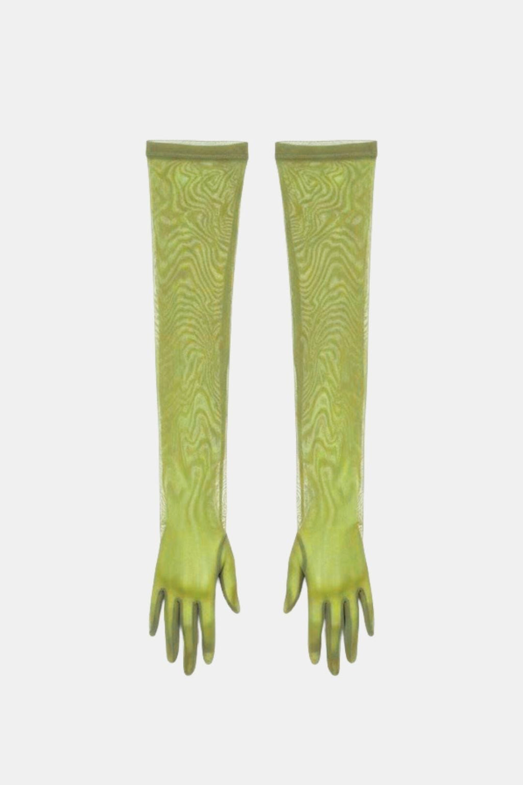 Sheer mesh elbow-length gloves, lime green patterned texture, open fingers