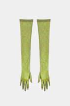 Sheer mesh elbow-length gloves, lime green patterned texture, open fingers