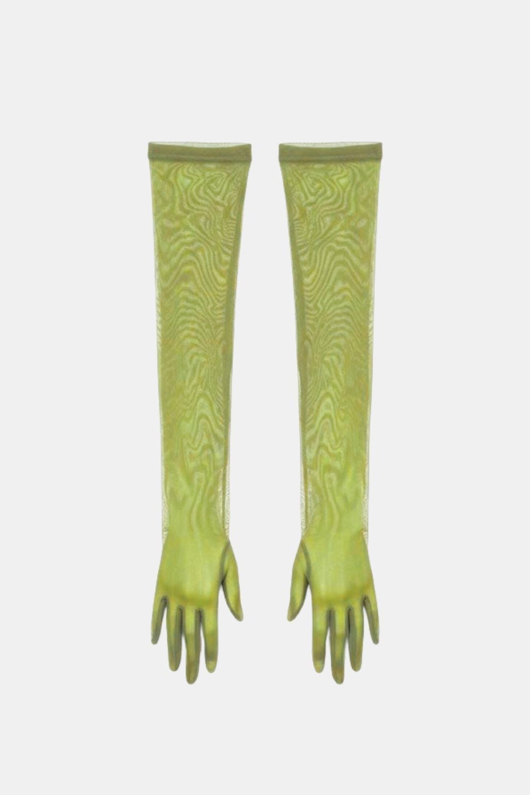 Sheer mesh elbow-length gloves, lime green patterned texture, open fingers