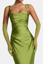 Sheer mesh elbow-length gloves, bright lime green, fitted pull-on design