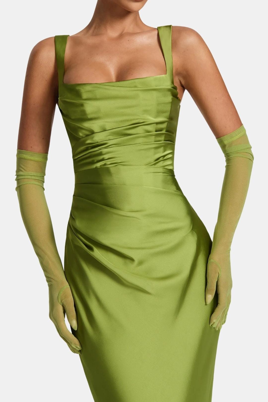 Sheer mesh elbow-length gloves, bright lime green, fitted pull-on design
