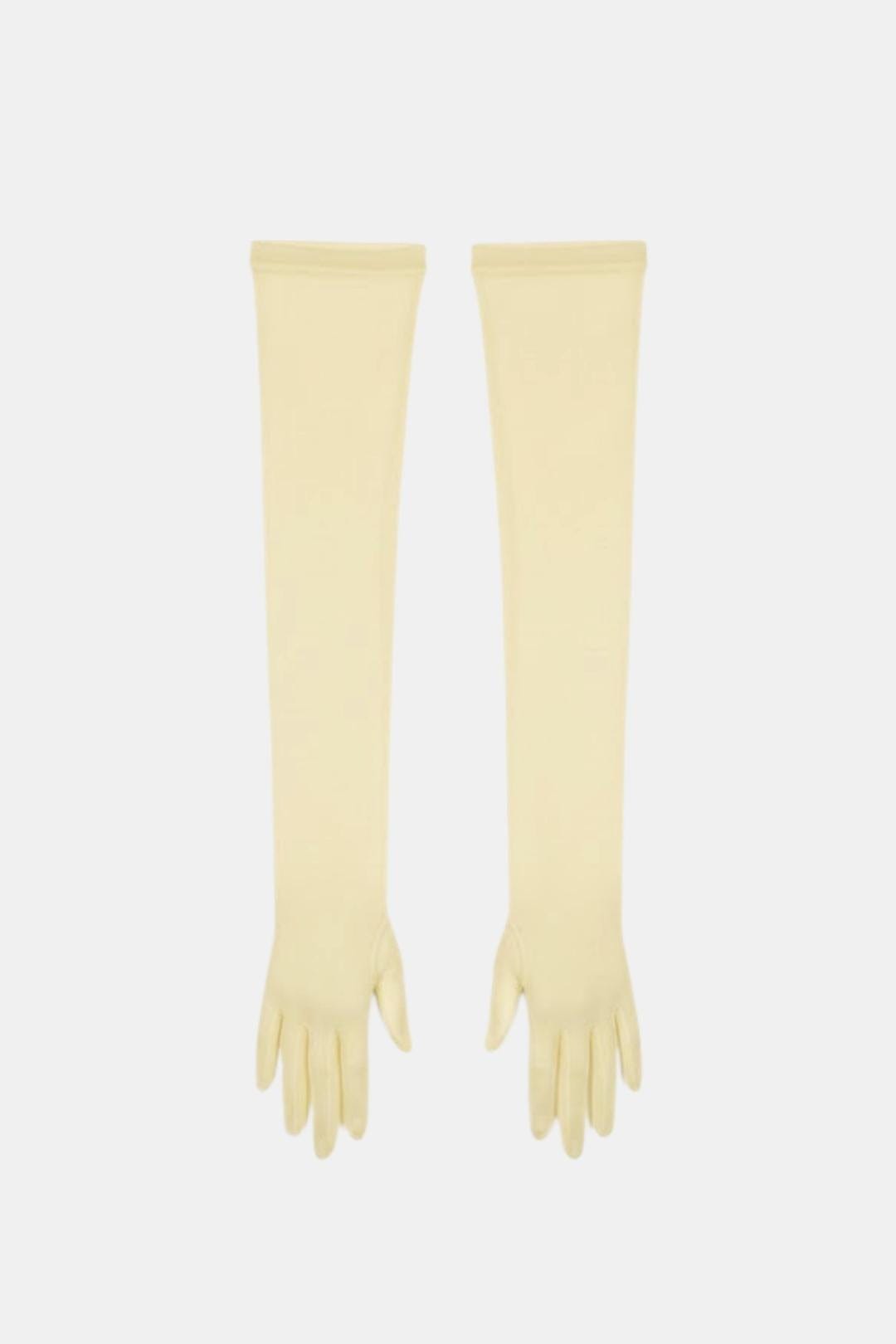 Sheer mesh elbow-length gloves, ivory smooth mesh, open fingers