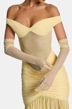 Sheer mesh elbow-length gloves, ivory cream, fitted pull-on cuff