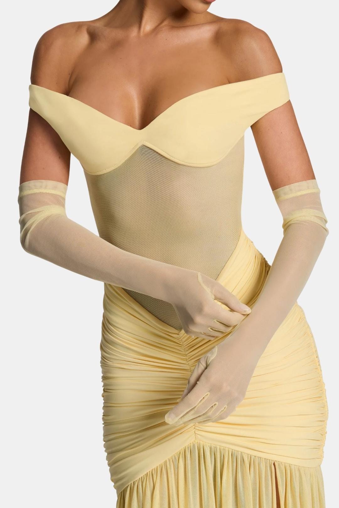 Sheer mesh elbow-length gloves, ivory cream, fitted pull-on cuff