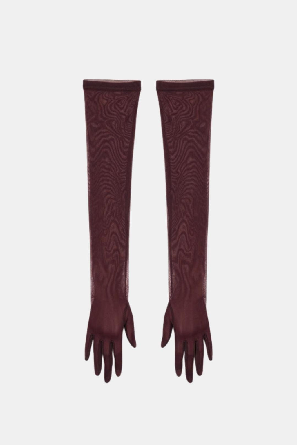 Sheer mesh elbow-length gloves, wine-red patterned texture, open fingers
