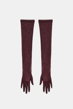 Sheer mesh elbow-length gloves, wine-red patterned texture, open fingers