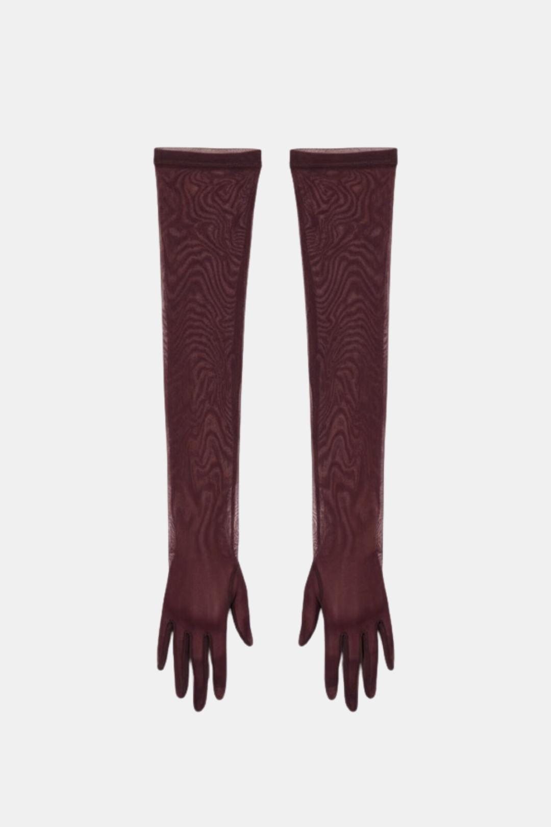 Sheer mesh elbow-length gloves, wine-red patterned texture, open fingers