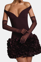 Sheer mesh elbow-length gloves, deep burgundy, fitted pull-on style