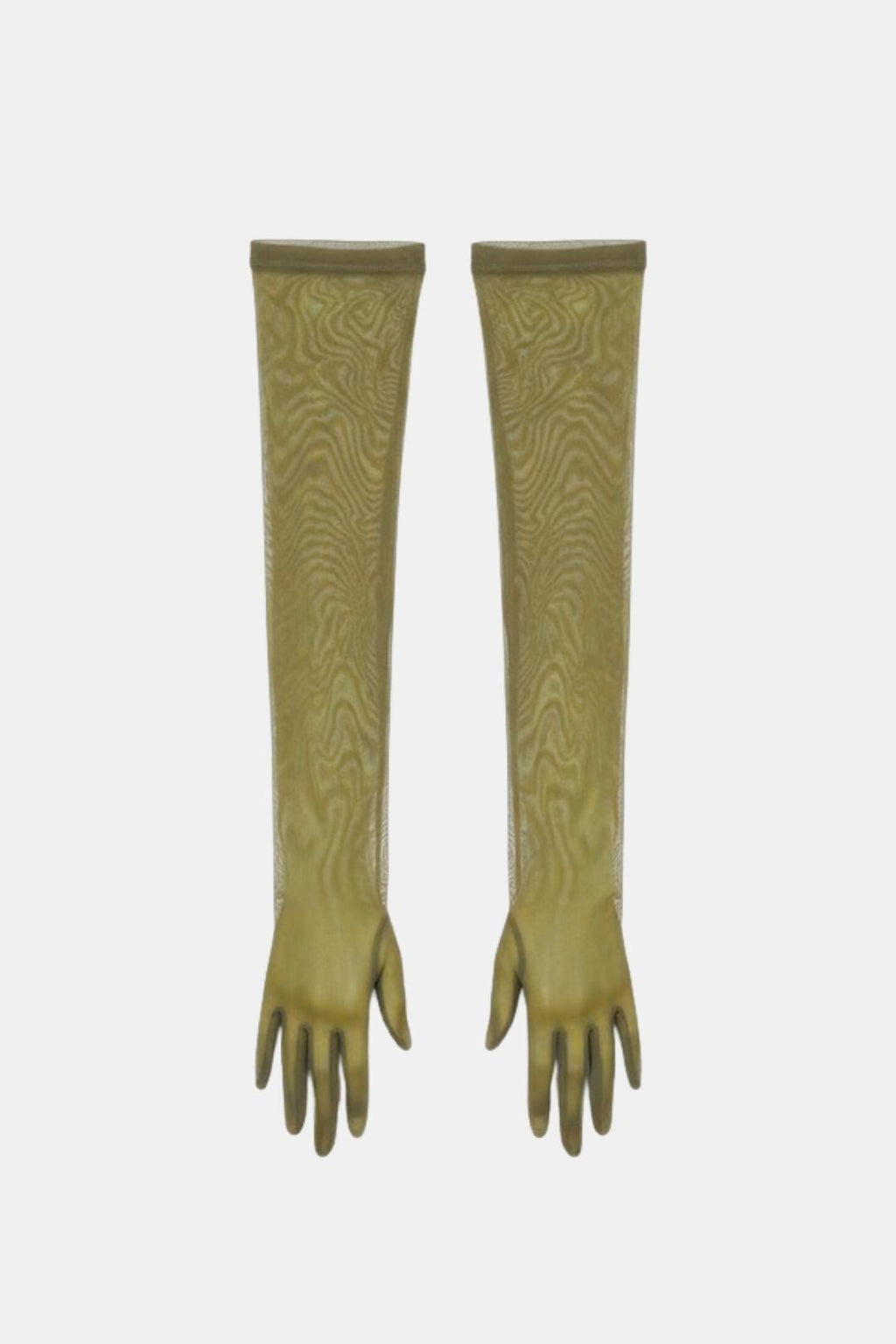 Sheer mesh elbow-length gloves, olive green patterned texture, open fingers