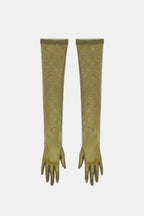 Sheer mesh elbow-length gloves, olive green patterned texture, open fingers
