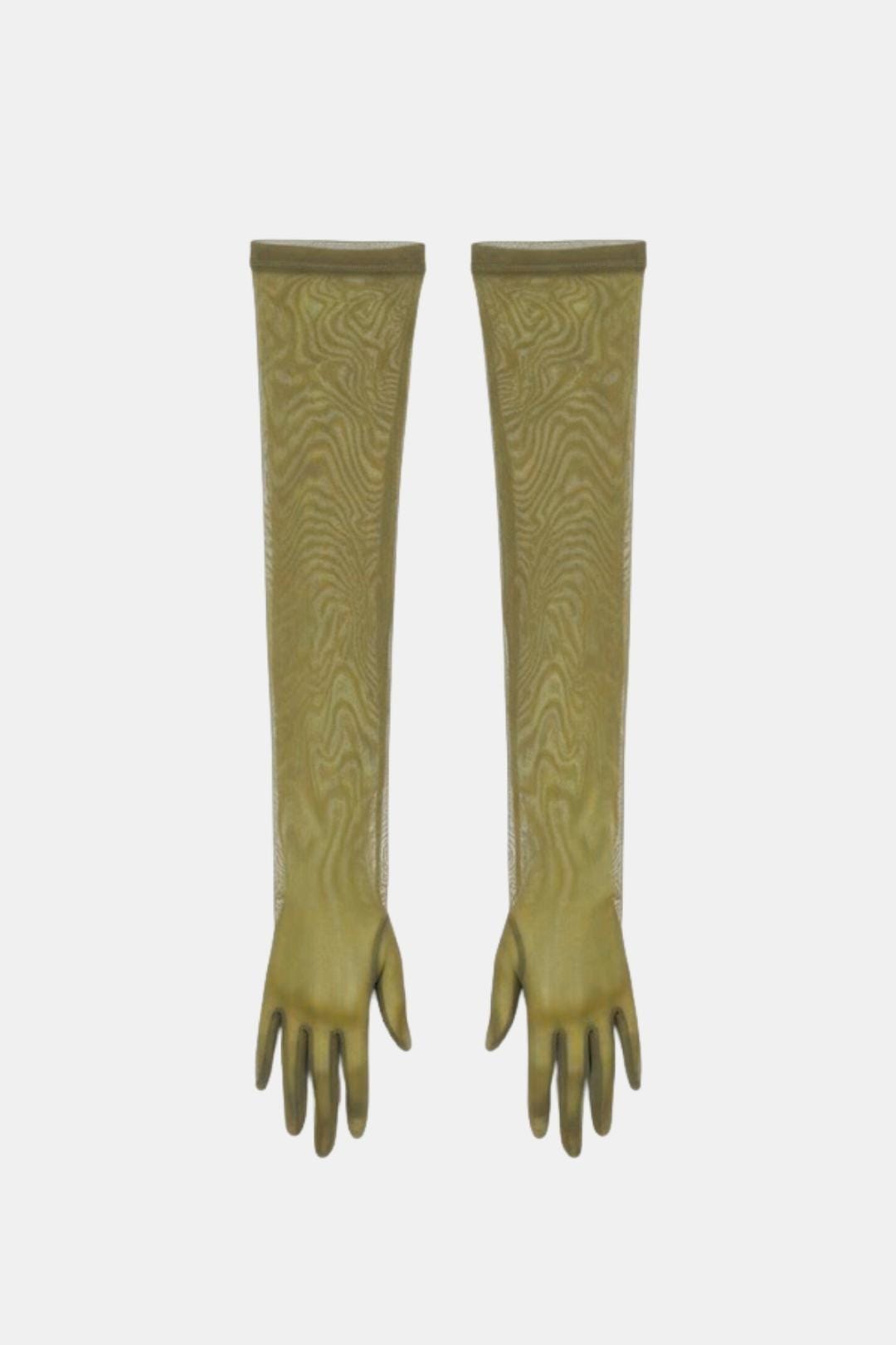 Sheer mesh elbow-length gloves, olive green patterned texture, open fingers