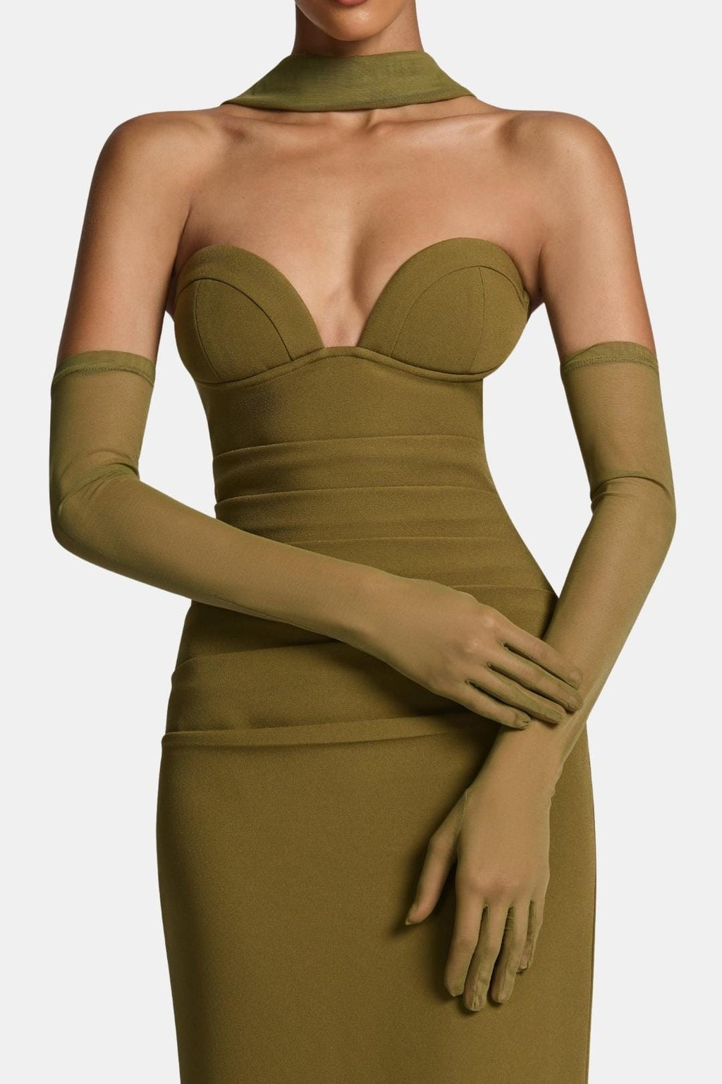 Sheer mesh elbow-length gloves, olive green, fitted pull-on cuffs