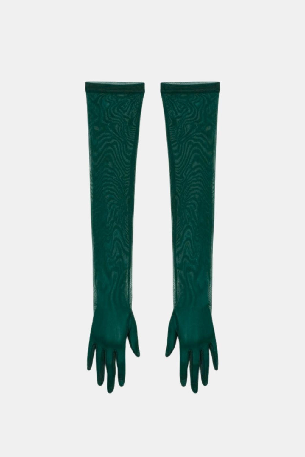 Sheer mesh elbow-length gloves, deep green patterned texture, open fingers