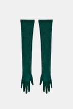 Sheer mesh elbow-length gloves, deep green patterned texture, open fingers