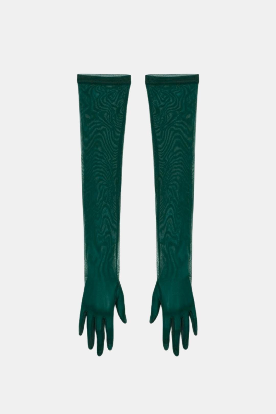 Sheer mesh elbow-length gloves, deep green patterned texture, open fingers