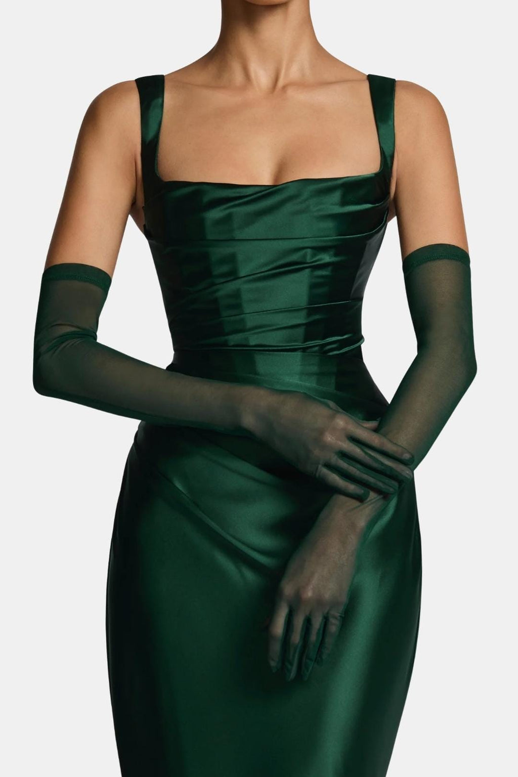 Sheer mesh elbow-length gloves, deep green, fitted pull-on style