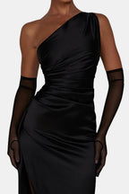 Black sheer elbow-length gloves with small band cuff